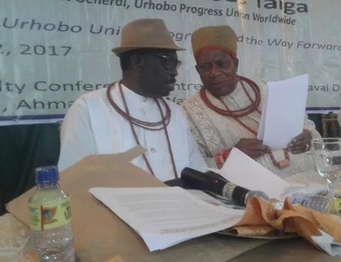 Chief Johnson Barovbe with UPU President-General Olorogun Moses Taiga at the 2017 Urhobo unity gathering in Lagos