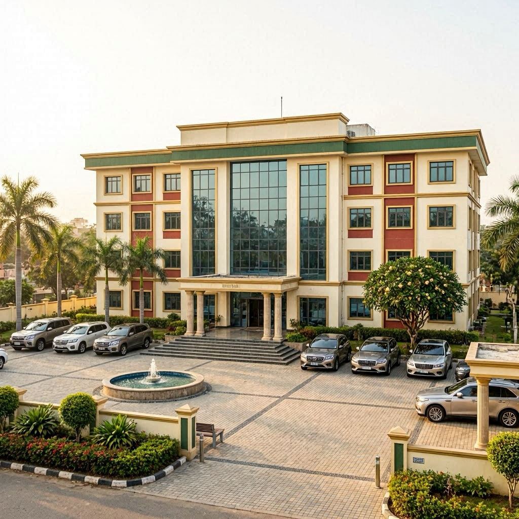Photorealistic concept rendering of the proposed Urhobo House at Abijo GRA, Lekki, Lagos: a multi-storey cream-coloured building with red and green accent bands, columned entrance, central forecourt fountain, parked luxury vehicles and tropical palm landscaping