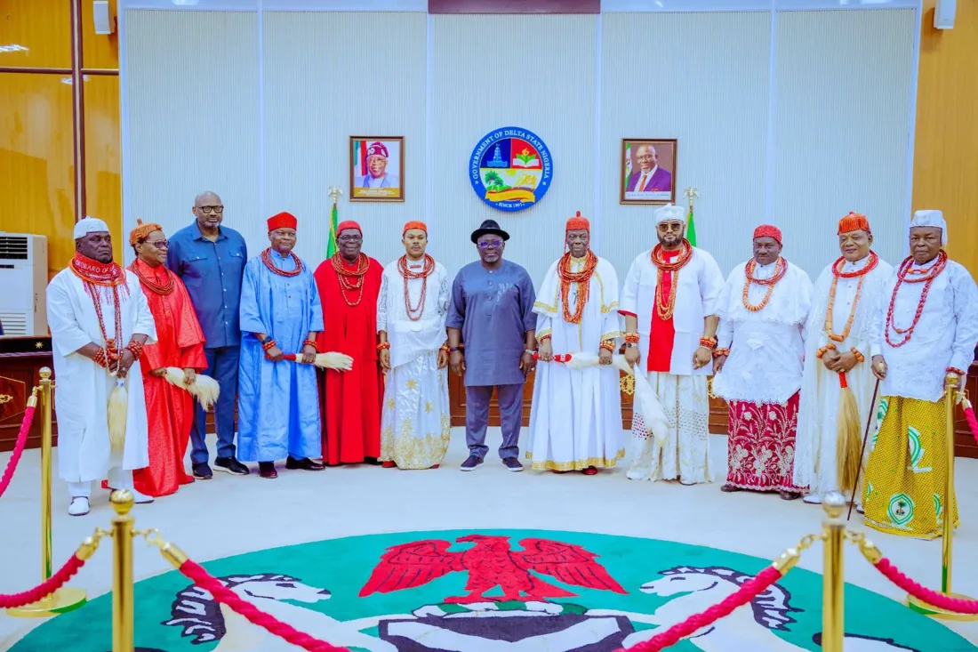 Urhobo traditional rulers in coral-bead regalia